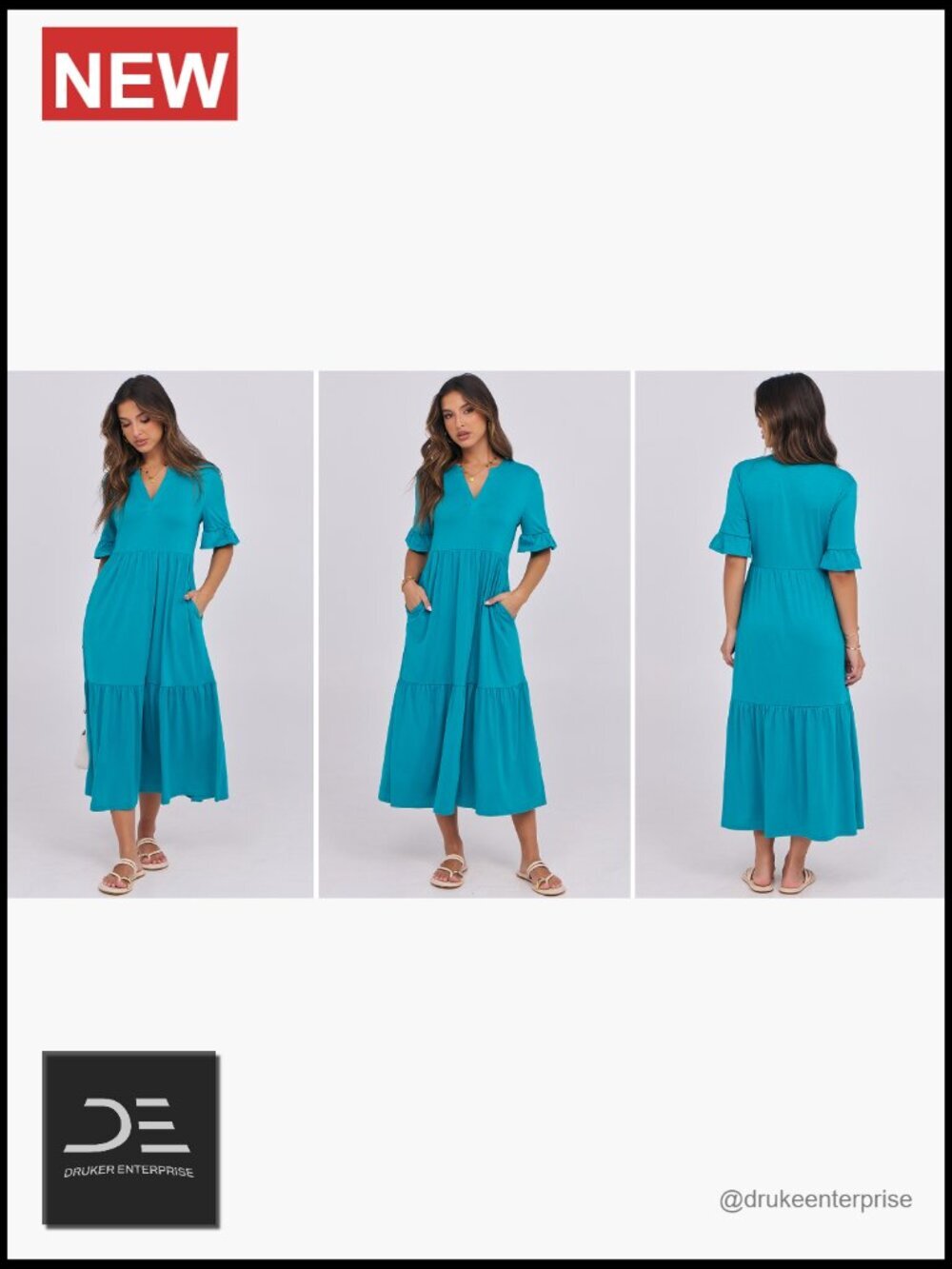 Ruffle Short Sleeve Maxi Dress, V-Neck Tiered with Pockets, Flowey Summer Dress - Picture 7 of 7